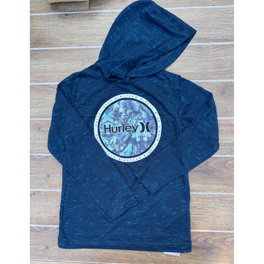 Hurley Boys Navy Blue Space Dye Long Sleeve Graphic Hoodie Tee Size 7 L/G